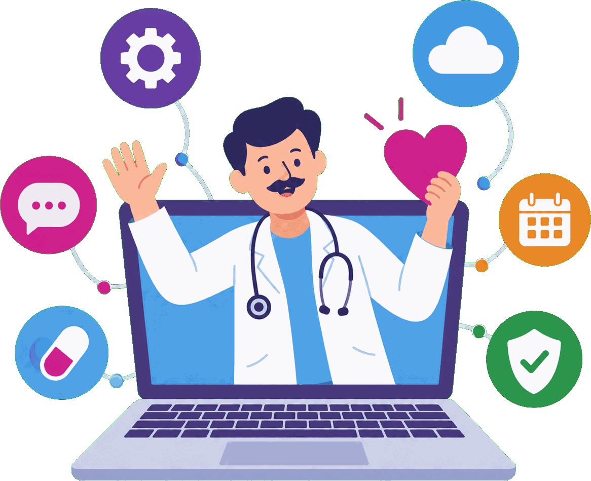 Illustration of a doctor leaning out of a laptop screen, surrounded by connected icons for cloud, calendar, security and chat.